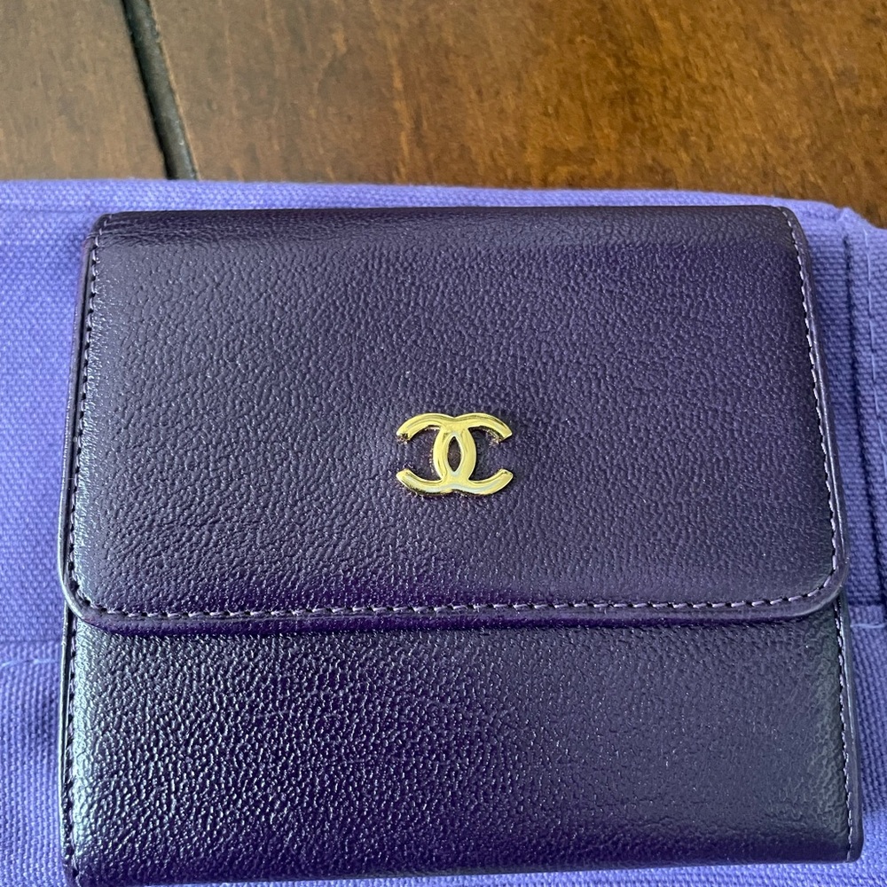 CHANEL Dark Purple Leather Compact Wallet